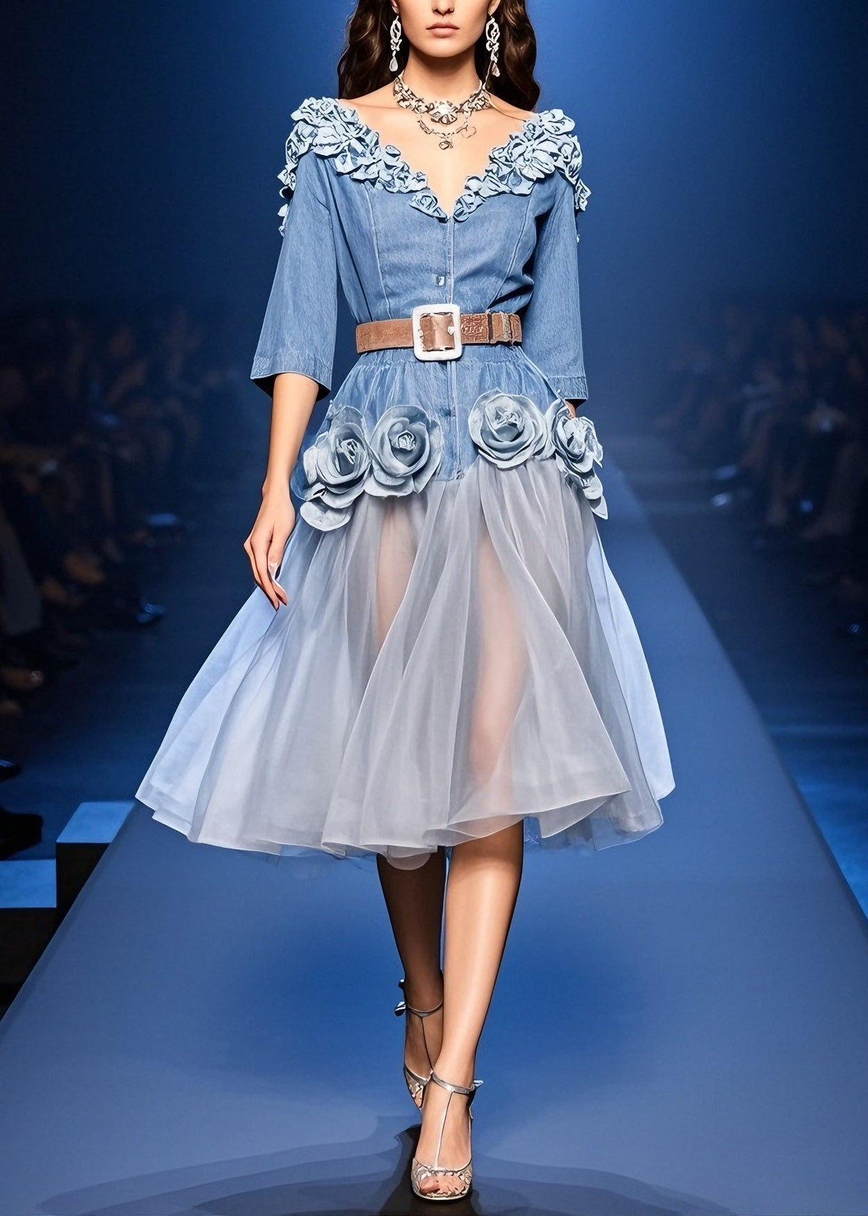 French Blue Floral Tulle Patchwork Denim Dress Summer