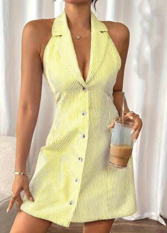 French Blue Notched Striped Button Mid Dresses Sleeveless