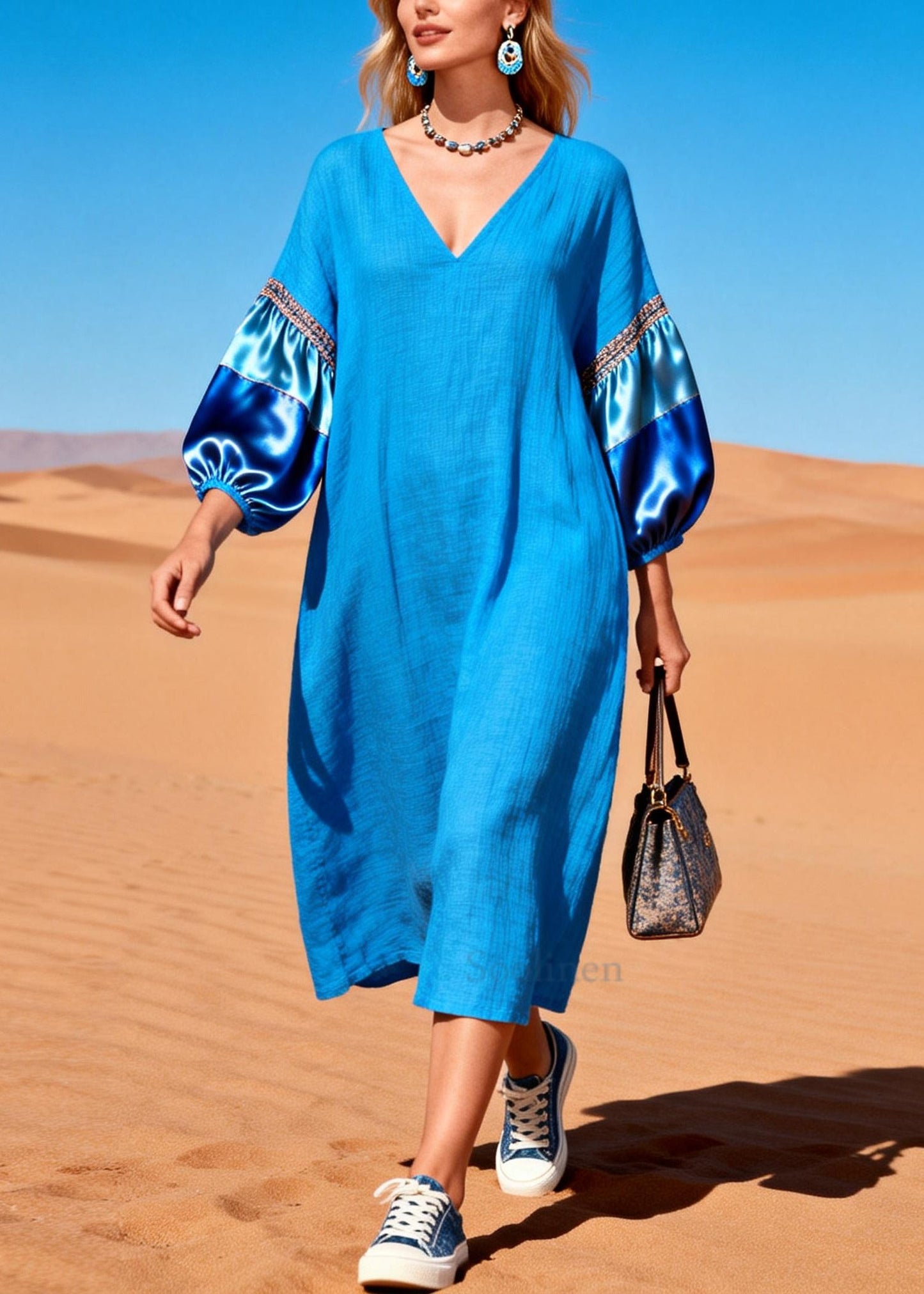 French Blue Oversized Patchwork Cotton Dresses Lantern Sleeve