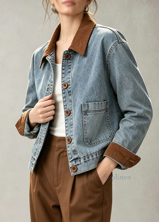 French Blue Peter Pan Collar Pockets Patchwork Denim Jackets Fall