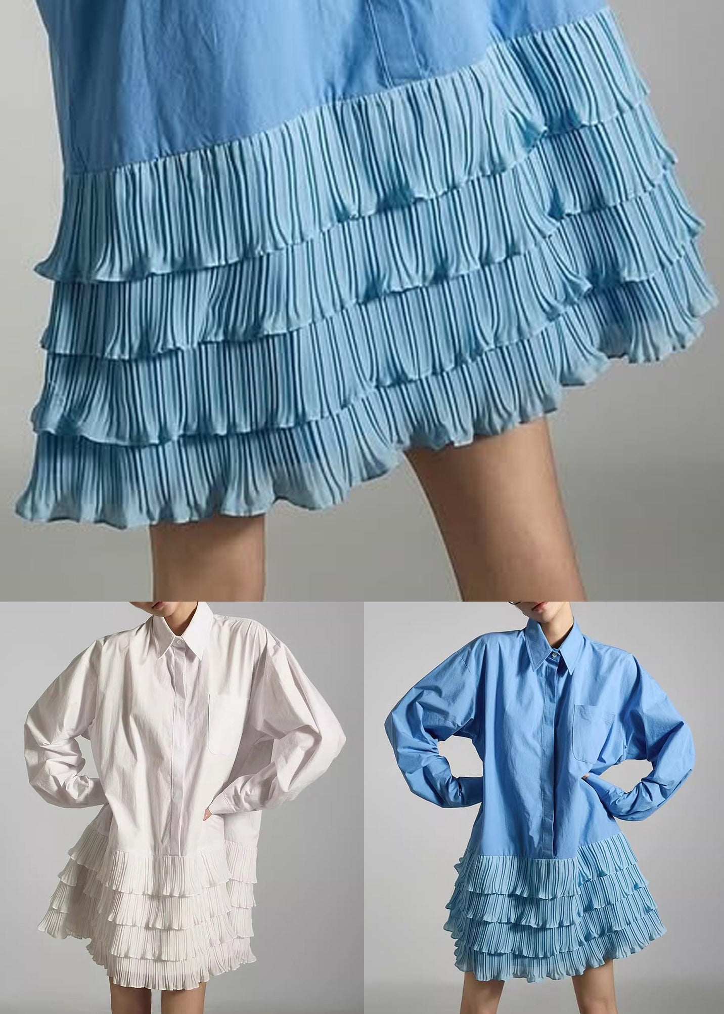 Französischblaues, knöchellanges Baumwollkleid mit Peter-Pan-Kragen und Knitter-Patchwork-Muster für den Frühling