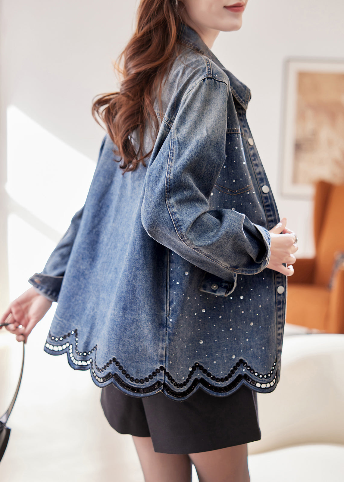 French Blue Peter Pan Collar Zircon Hollow Out Denim Coats Spring