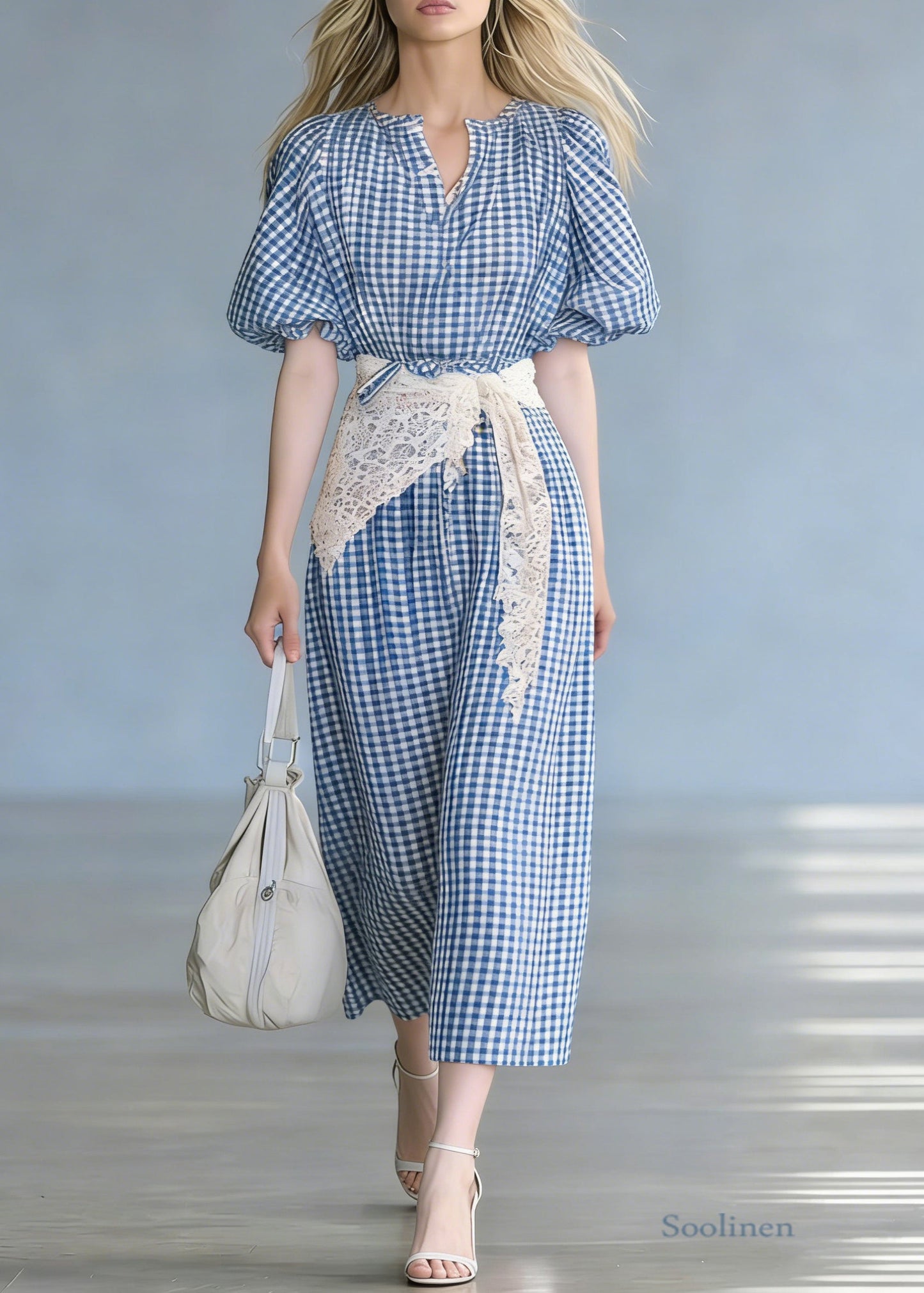 French Blue Plaid Tie Waist Cotton Long Dresses Puff Sleeve