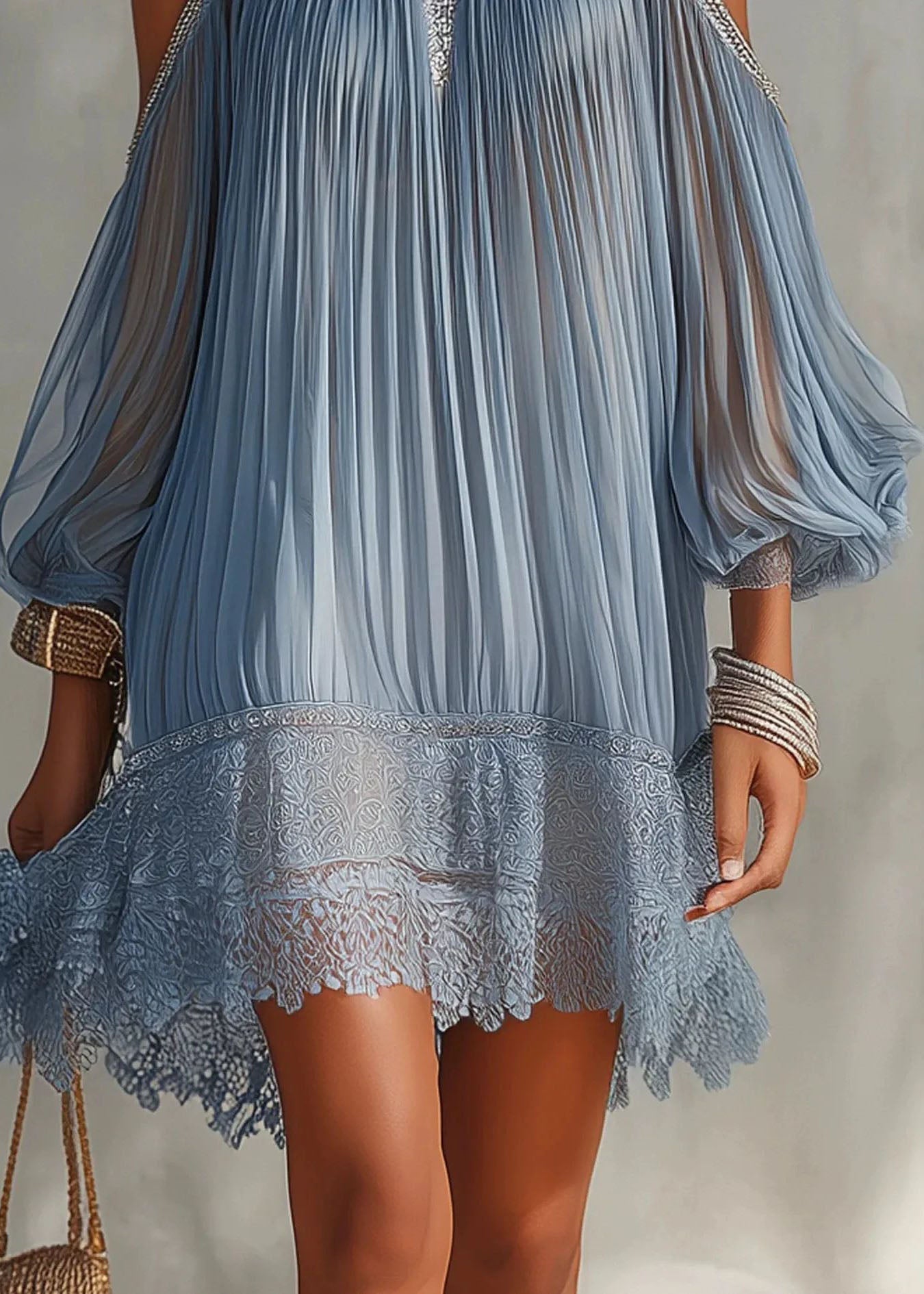 French Blue Pleated Cold Shoulder Patchwork Lace Dress Summer