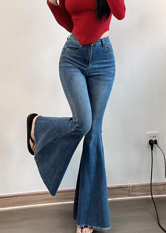 French Blue Pockets High Waist Denim Flared Trousers Spring