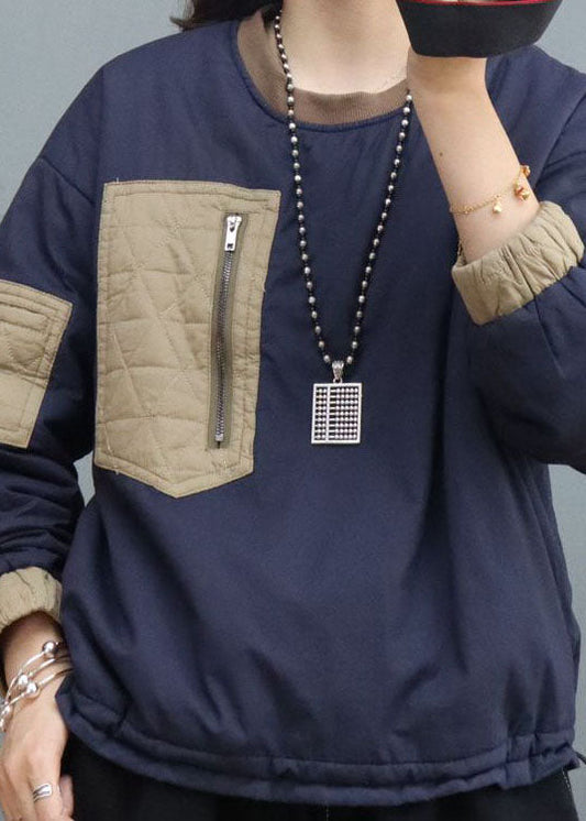 French Blue Pockets Patchwork Feine Baumwolle Gefüllte Sweatshirts Top Winter