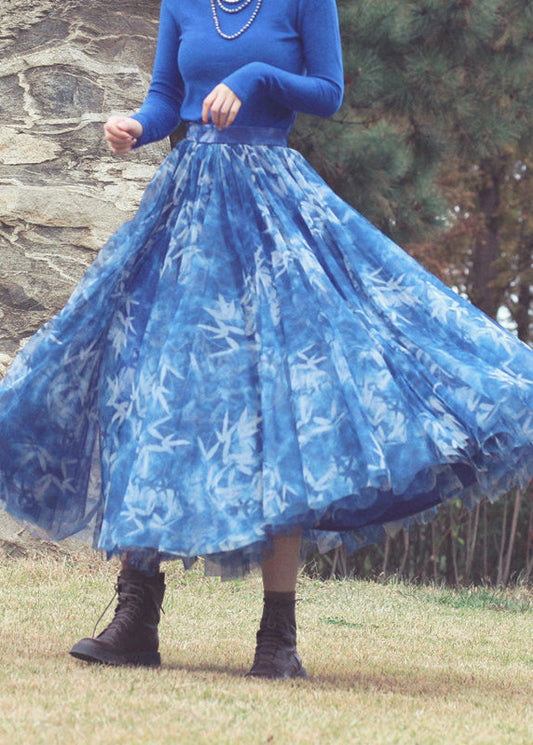 Französischblauer Tüll-Strandrock mit extra großem Saum und extra großem Saum, Frühling