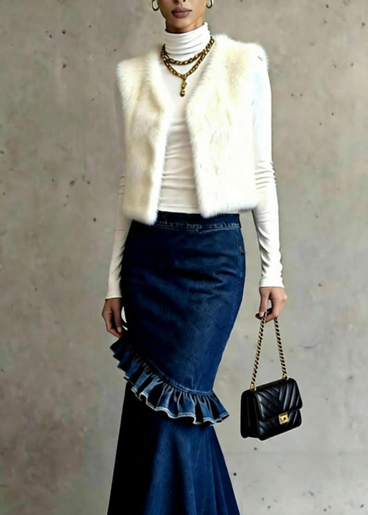 French Blue Ruffled Patchwork High Waist Denim Skirts Spring