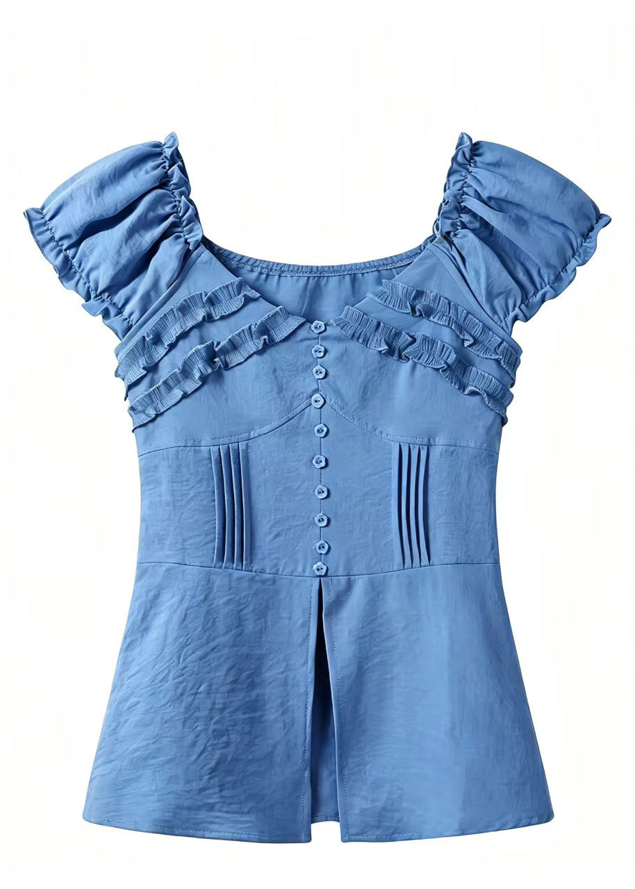French Blue Ruffled Side Open Cotton Shirt Top Summer