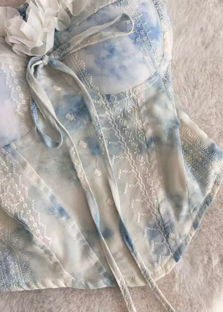 French Blue Ruffled Tie Dye Chiffon Tops Summer