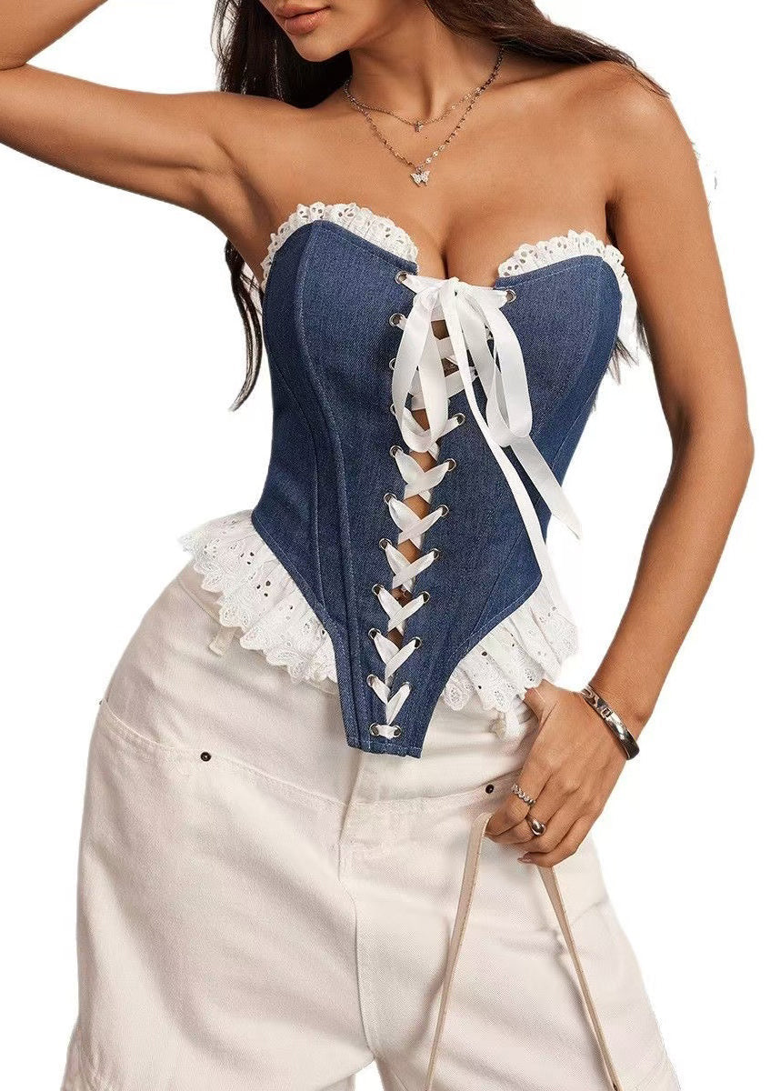 French Blue Strapless Lace Up Patchwork Lace Tanks Summer