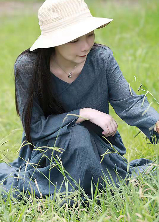 Französisches blaues V-Ausschnitt-Rüschen-Patchwork-Feiertagskleid mit langen Ärmeln