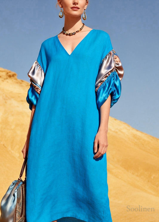 French Blue V Neck Silk Patchwork Linen Vacation Dresses Summer