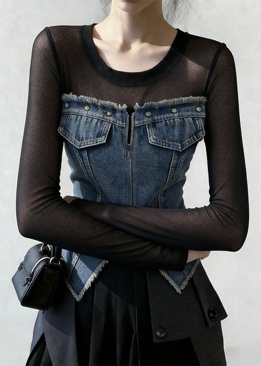 French Blue Zippered Front Open Tulle Patchwork Denim T Shirt Spring