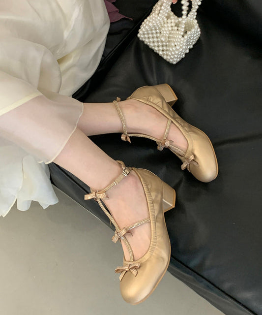 French Bow Splicing Chunky Sandals Gold Faux Leather