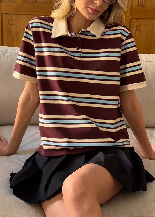 French Brown Peter Pan Collar Striped Cotton T Shirts Summer