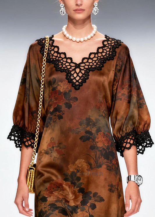 French Brown Print Patchwork Lace Silk Maxi Dresses Summer