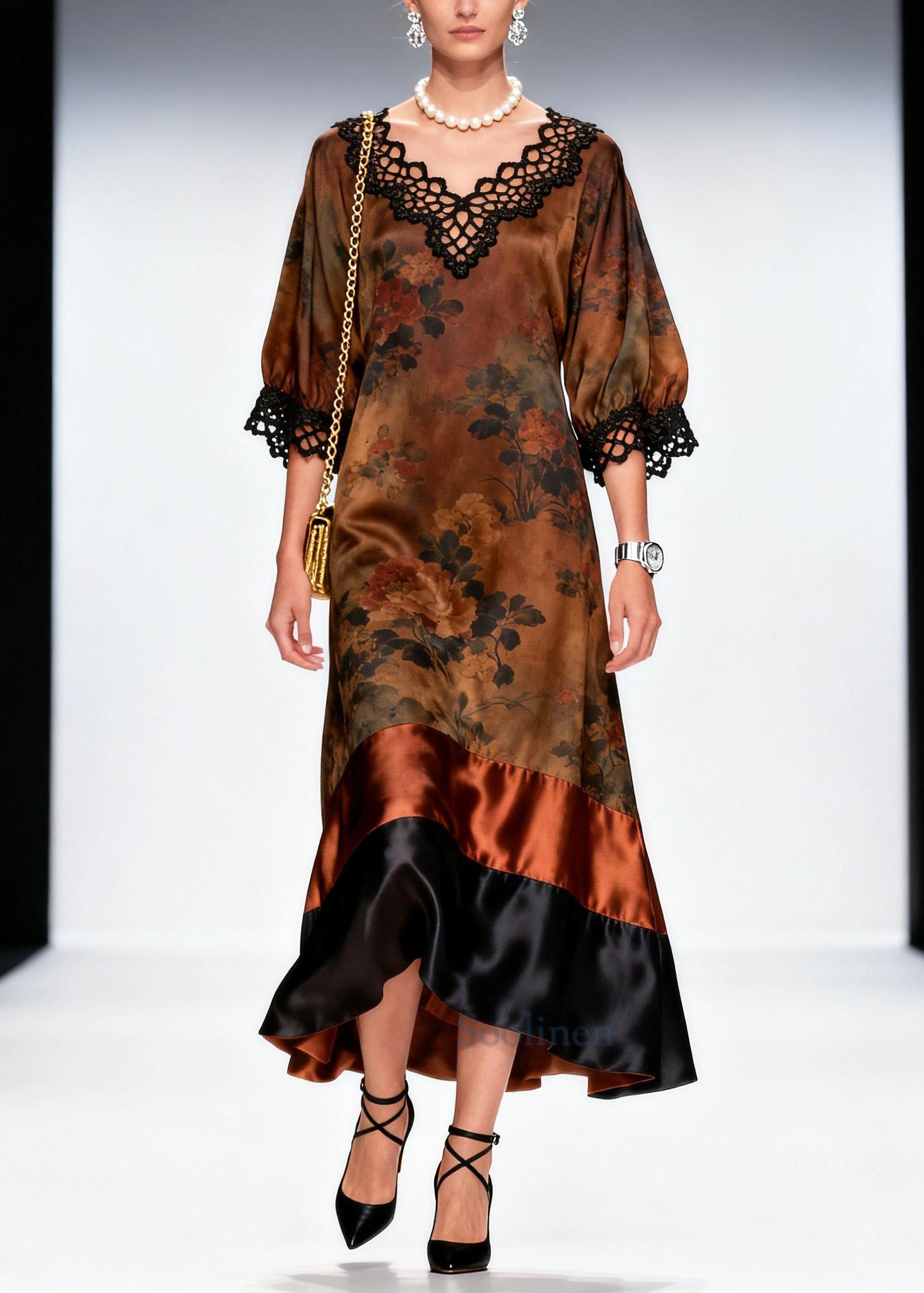 French Brown Print Patchwork Lace Silk Maxi Dresses Summer