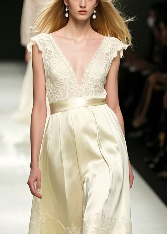 French Champagne Jacquard Fine Silk Maxi Dresses Sleeveless