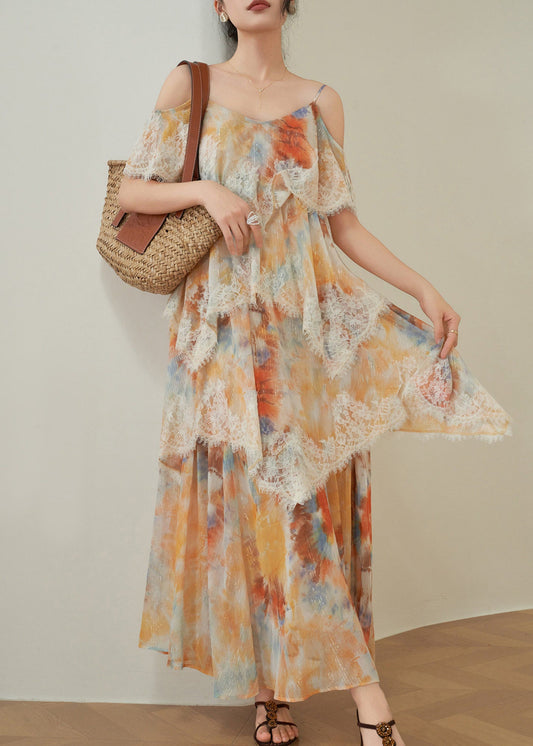 French Champagne V Neck Print Long Spaghetti Strap Dress Summer