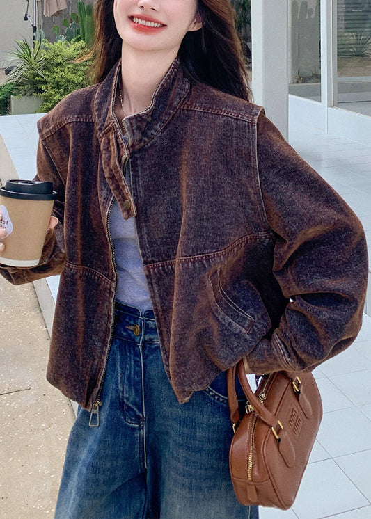 Abrigo vaquero extragrande con cuello alto y color chocolate francés para primavera
