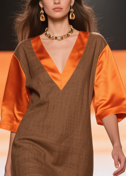 French Chocolate V Neck Patchwork Linen Silk Robe Dresses Summer