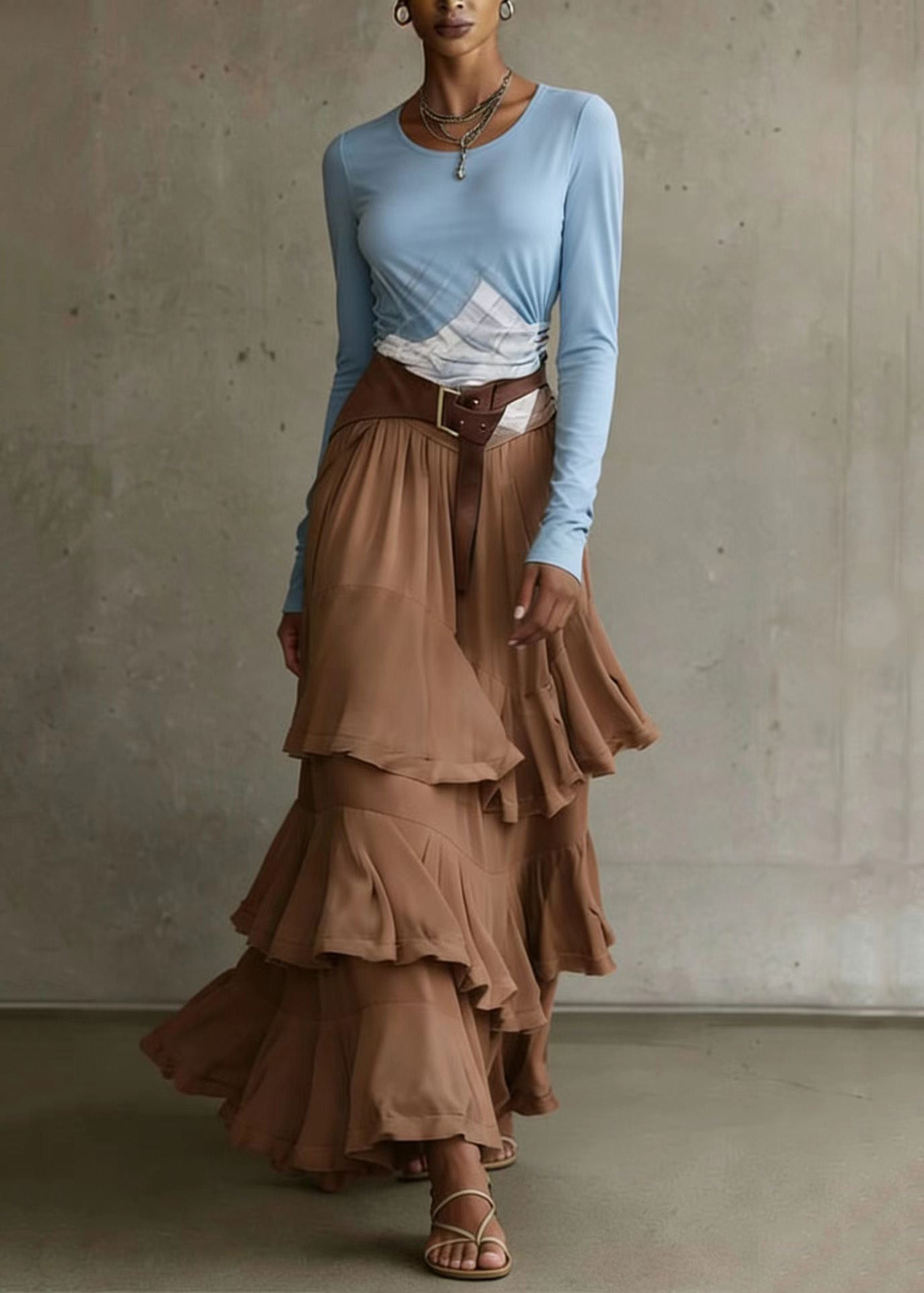 French Coffee Asymmetrical Ruffled Patchwork Chiffon Skirt Spring