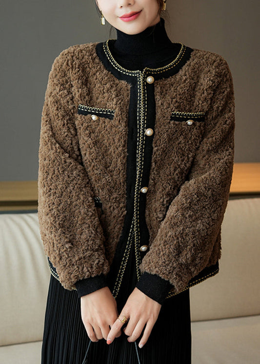 Französisch Schokolade O-Ausschnitt Patchwork Button Kunstpelz Mäntel Winter