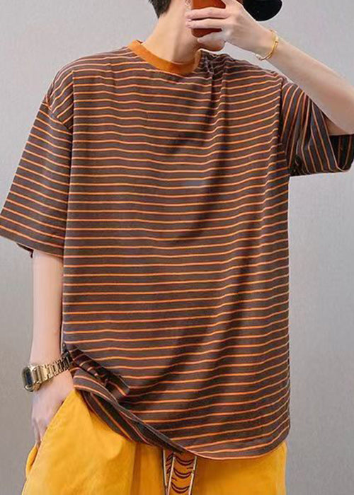 French Coffee O Neck Striped Cotton Men T Shirts Half Sleeve