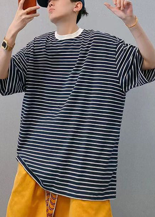 French Coffee O Neck Striped Cotton Men T Shirts Half Sleeve