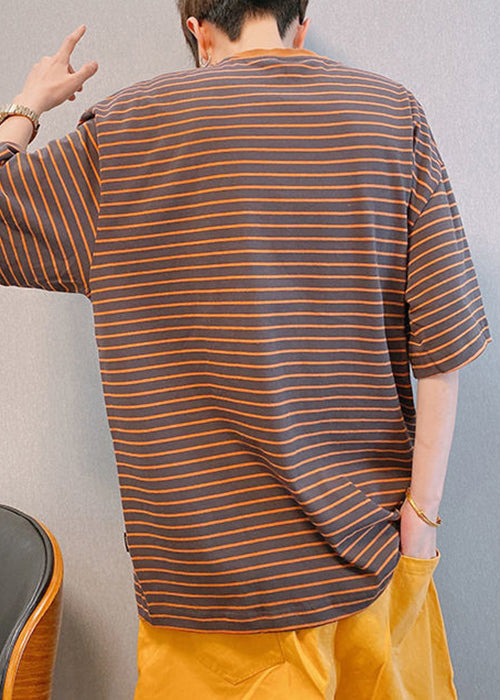 French Coffee O Neck Striped Cotton Men T Shirts Half Sleeve