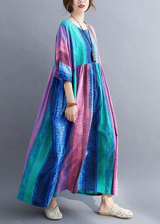 French Color Block Striped Print Loose Summer Vacation Dresses Half Sleeve - SooLinen