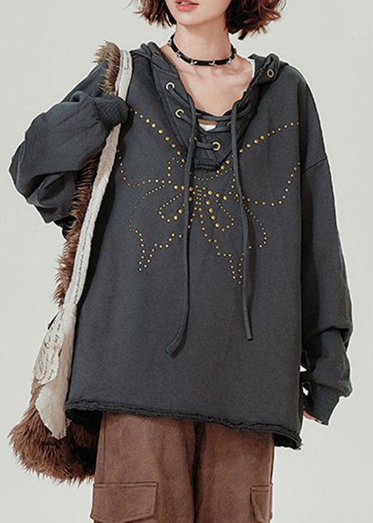 French Dark Grey Hooded Rivet Lace Up Cotton Pullover Sweatshirt Fall