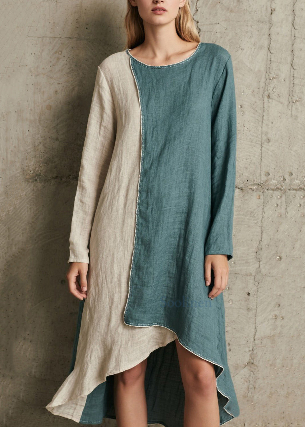 Vestidos de vacaciones de algodón con patchwork asimétrico azul denim francés primavera