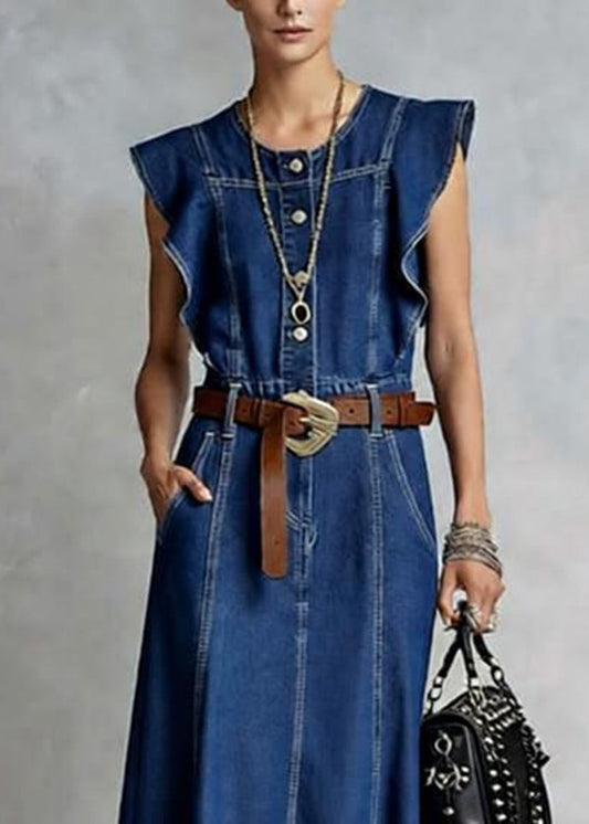 French Denim Blue O-Neck Ruffled Button Summer Maxi Dresses Sleeveless