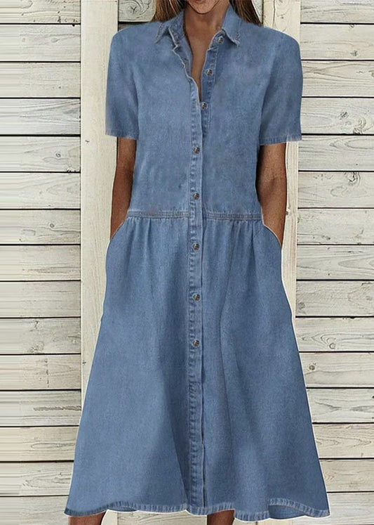French Denim Blue Peter Pan Collar Button Maxi Dresses Summer