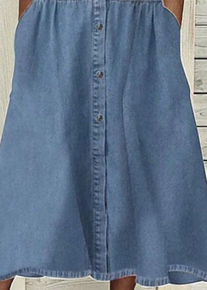French Denim Blue Peter Pan Collar Button Maxi Dresses Summer
