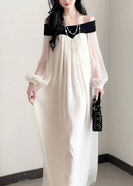 French Elegant Slash Neck Chiffon Dress Lantern Sleeves