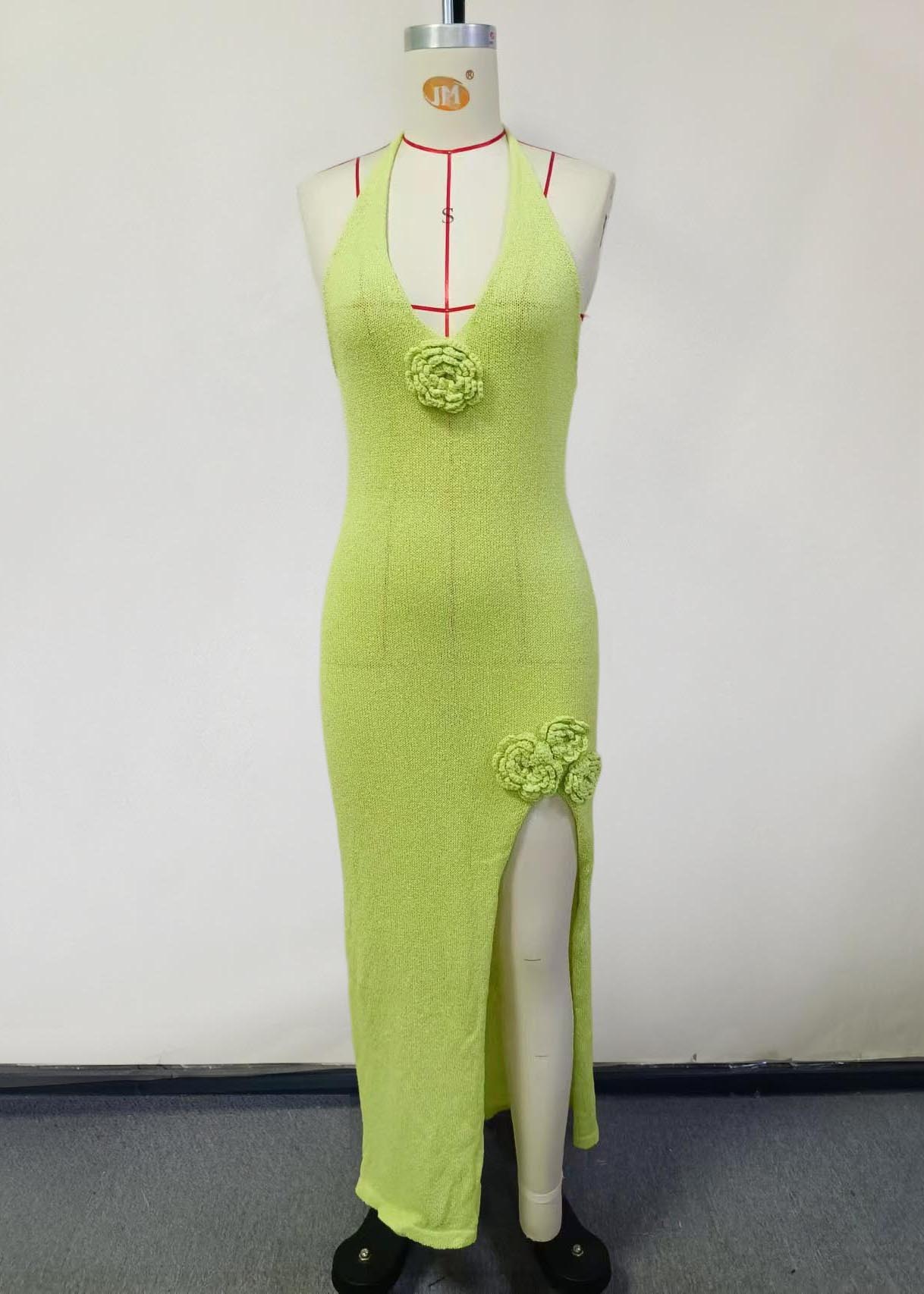 French Fruit Green Floral Decorated Side Open Knit Holiday Dress