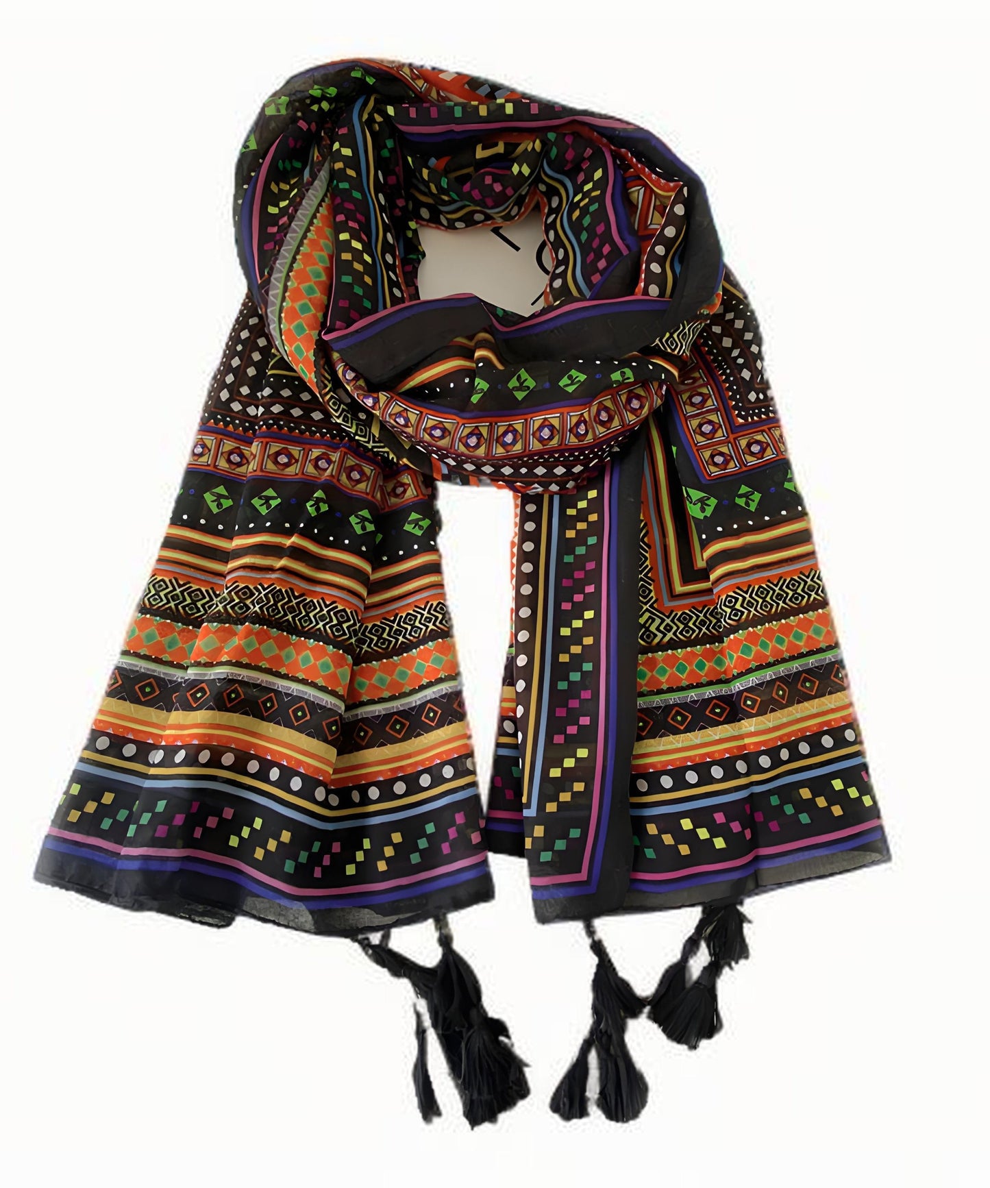 Bufanda de algodón con borlas y estampado geométrico francés
