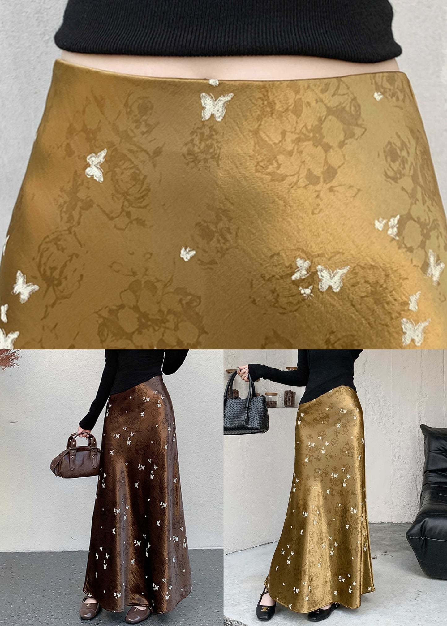 Französischer Seidenrock mit Goldprint und hohem Bund für den Herbst