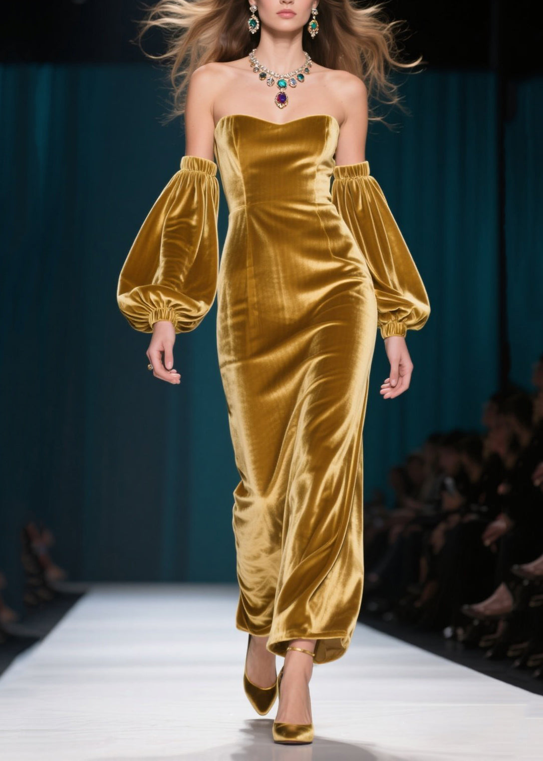 Vestidos de cena franceses de terciopelo de seda dorados sin espalda y mangas farol