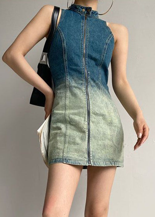 Ärmelloses Denim-Kleid mit Farbverlauf und Knöpfen in französischer Farbe mit Reißverschluss