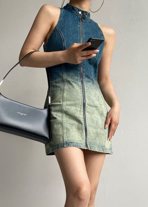 Ärmelloses Denim-Kleid mit Farbverlauf und Knöpfen in französischer Farbe mit Reißverschluss