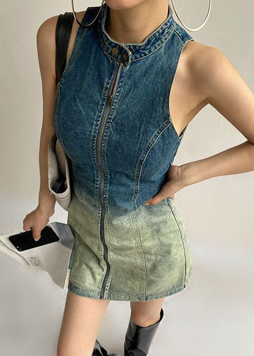 Ärmelloses Denim-Kleid mit Farbverlauf und Knöpfen in französischer Farbe mit Reißverschluss