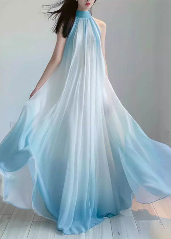 Französisches faltiges Chiffon-Langkleid mit Farbverlauf und Ärmeln