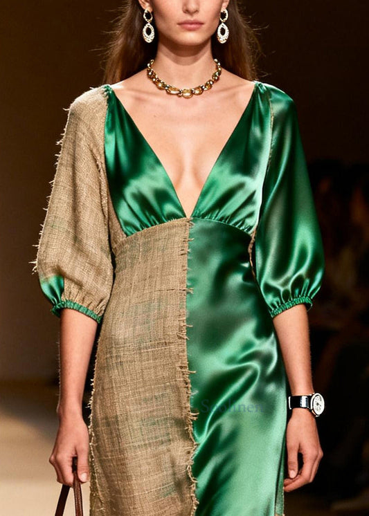 French Green Asymmetrical Patchwork Linen Silk Maxi Dress Summer