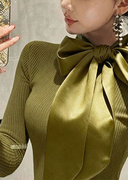 Suéteres de punto ajustados con patchwork y lazo verde francés para primavera