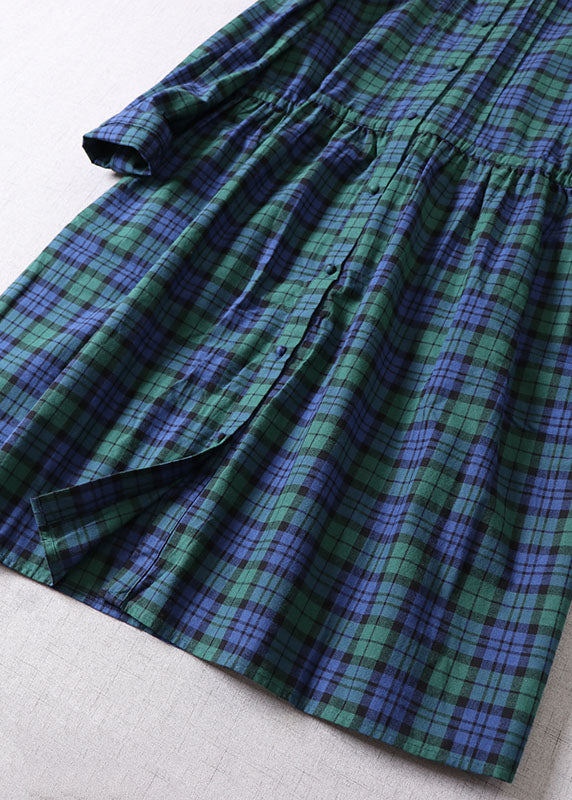 Französisch Grün Cinched Plaid Baumwolle Maxi Kleider Frühling