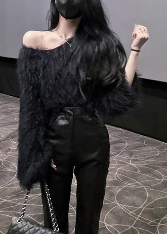 French Green Cold Shoulder Mink Hair Knitted Sweaters Spring